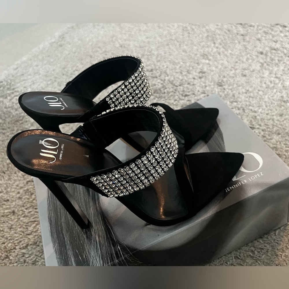 Jennifer Lopez Black Heels with Silver Embellishments